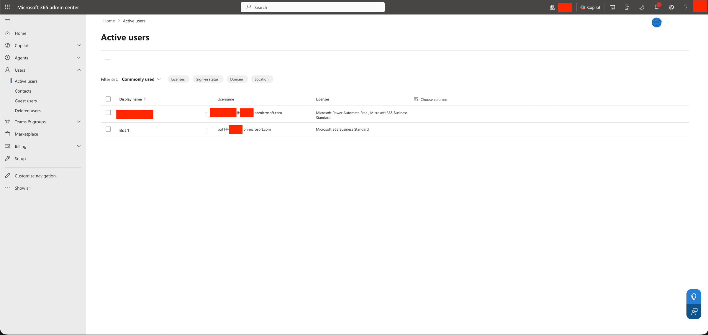 Microsoft 365 admin center → Users → Active users, showing the created bot account