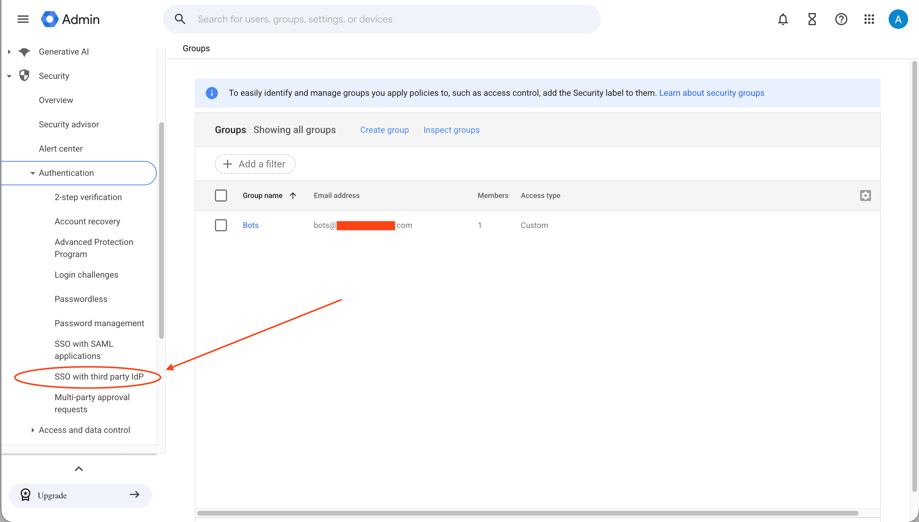 Google Admin Console: Security → Authentication → SSO with third party IdP