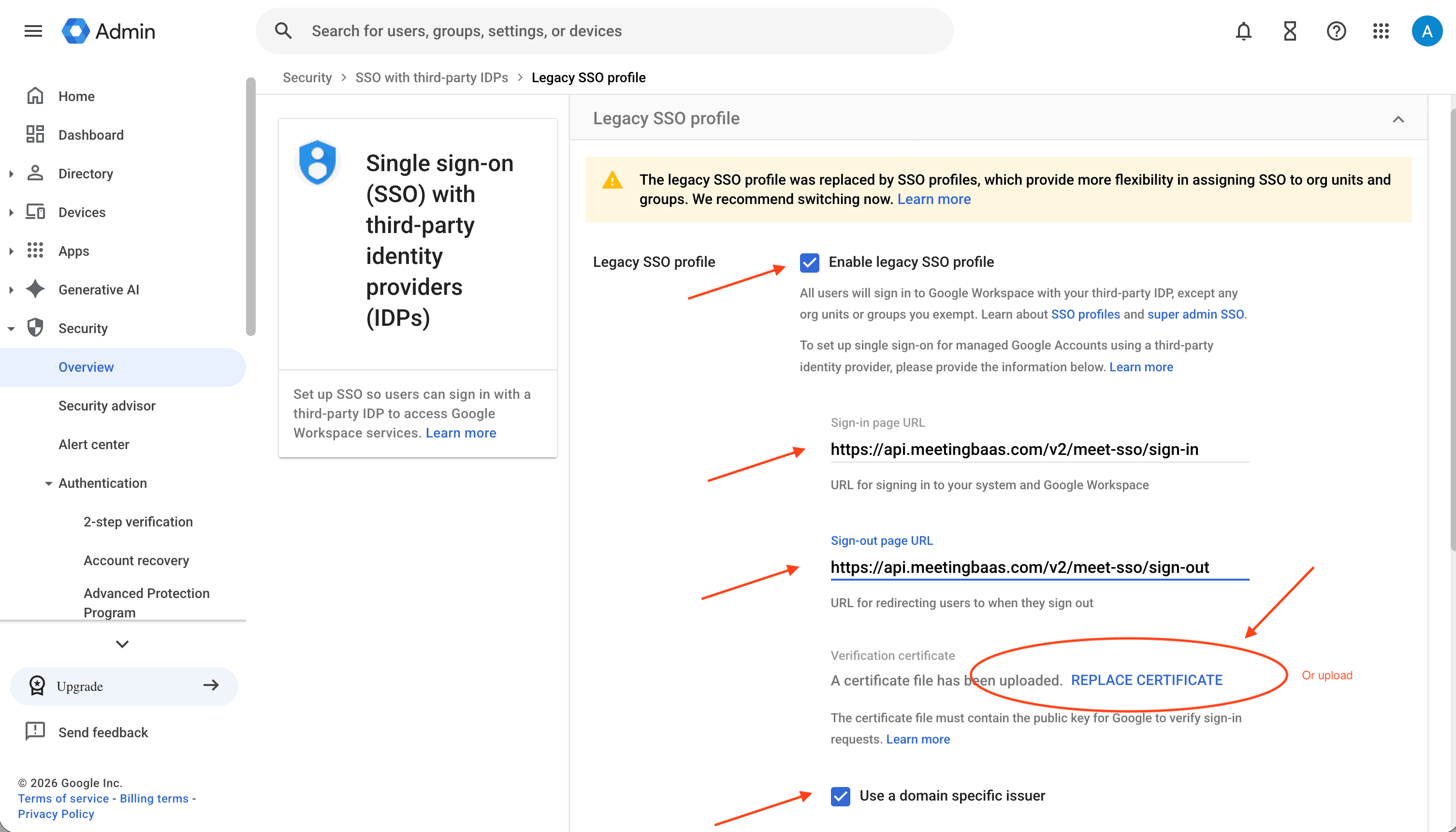 Legacy SSO profile form: enabled, Meeting BaaS sign-in/sign-out URLs, certificate uploaded, domain-specific issuer enabled